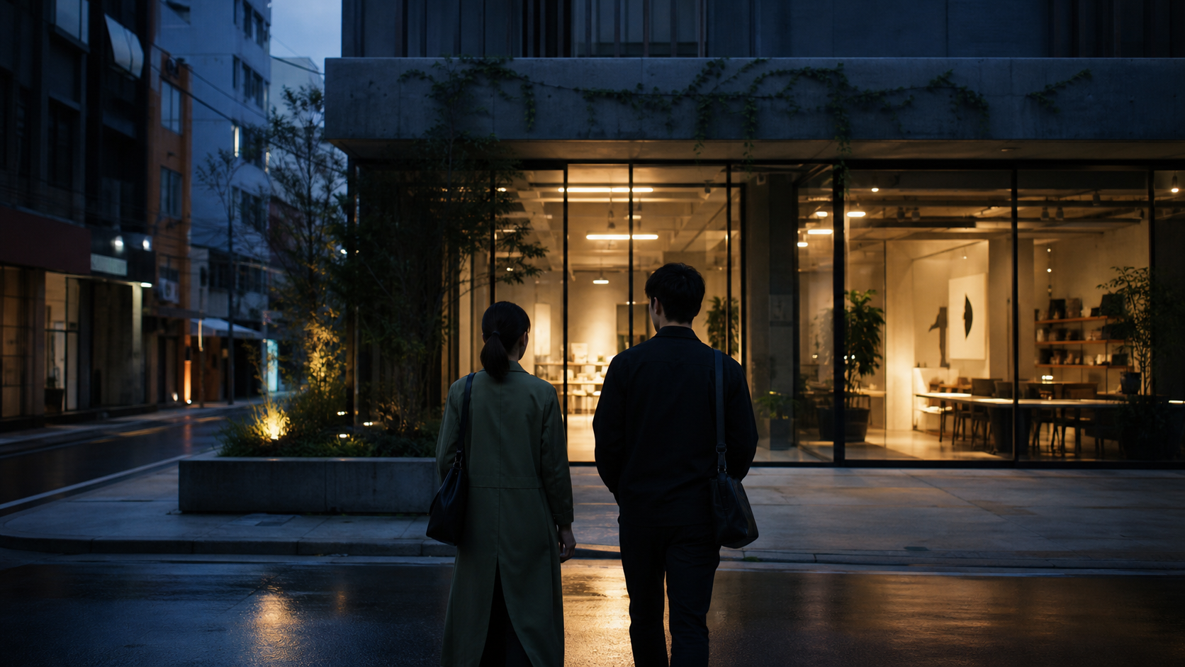 Two student founders walking toward a campus innovation studio